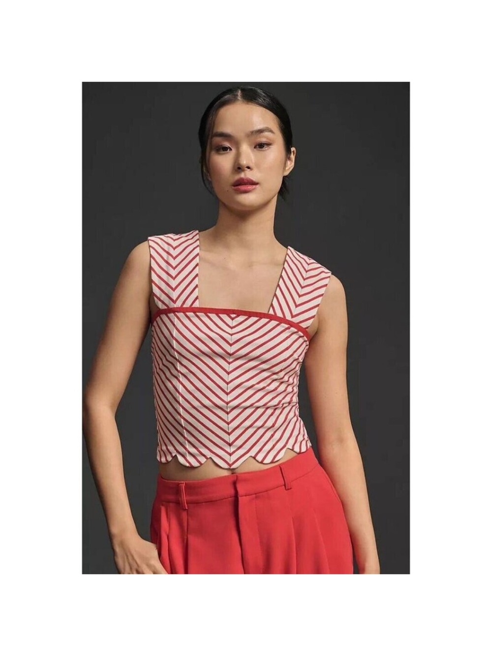 Anthropologie Red and White Striped Square-Neck Crop Top